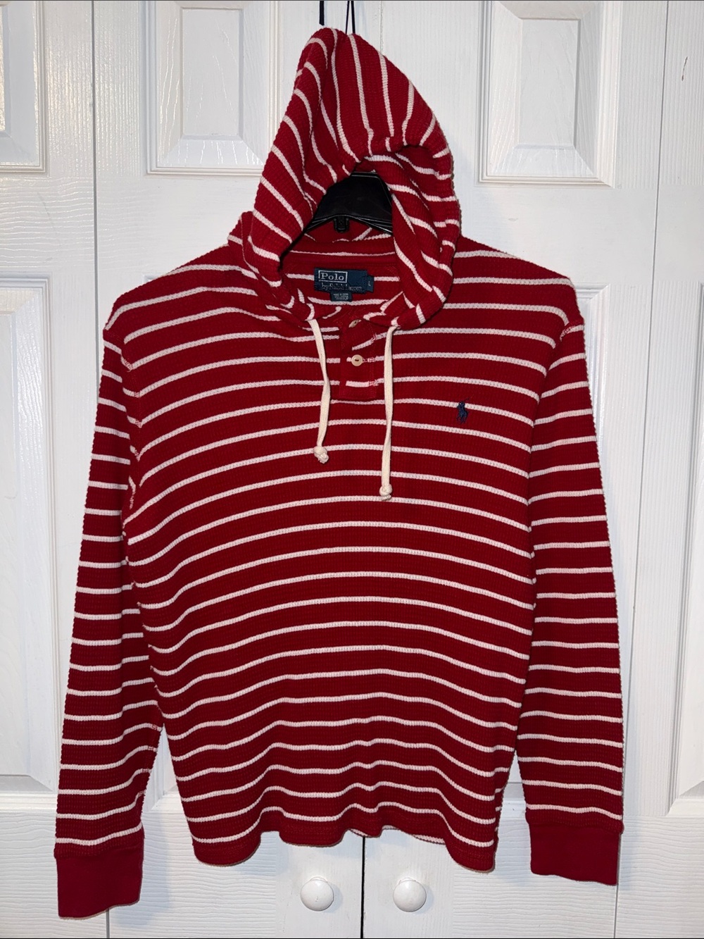 Polo Ralph Lauren Hoodie Men’s Red White Striped Waffle Knit Pullover Sz L